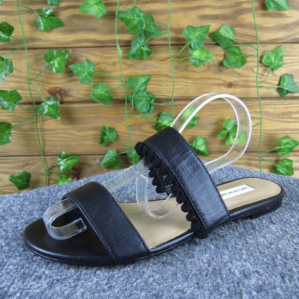 Saks Fifth Avenue Black Leather Slide Sandals Women's Size 6 Flat Pom Trim Shoes
